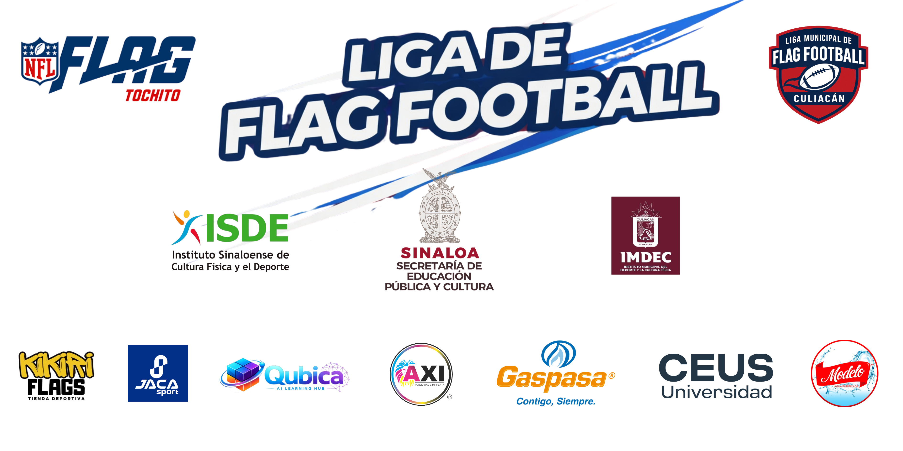Patrocinadores LIMFAC 2026 - NFL Flag Tochito, ISDE, Sinaloa Secretaria de Educacion, IMDEC, Kikiri Flags, Jaca Sport, Qubica, AXI, Gaspasa, CEUS Universidad, Modelo